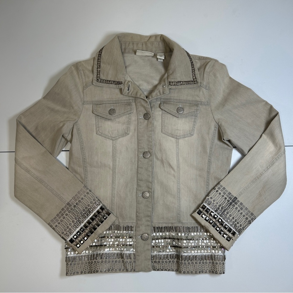 Chico’s Platinum Collection Gray Beaded Embellished Denim Jacket Size 0 (US-S/4)